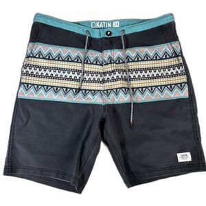 Katin USA Mens Boardshorts Size 34 Green Stripe Drawstring Snap Fly 8" Aztec